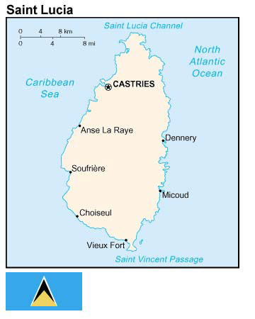 Map and flag of Saint Lucia.