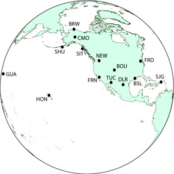 Map of U.S.G.S. magnetic observatory locations.