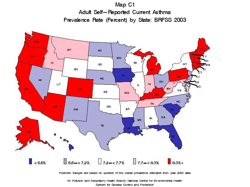 Map C1 (color) - Adult Self-Reported Current Asthma Prevalence Rate (Percent) by State