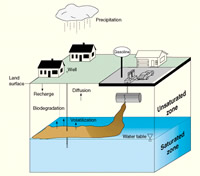 Conceptualization of the transport of petroleum hydrocarbons in ground water (Source: Fact Sheet FS-019-98). The Toxic Substances Hydrology Program has several projects addressing the transport of hydrocarbons in ground water