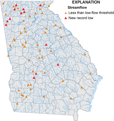 Map of Georgia showing August drought conditions at USGS monitoring sites.