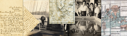 A collage of images from the park's collections including a portion of a photograph, letter, map and drawing.