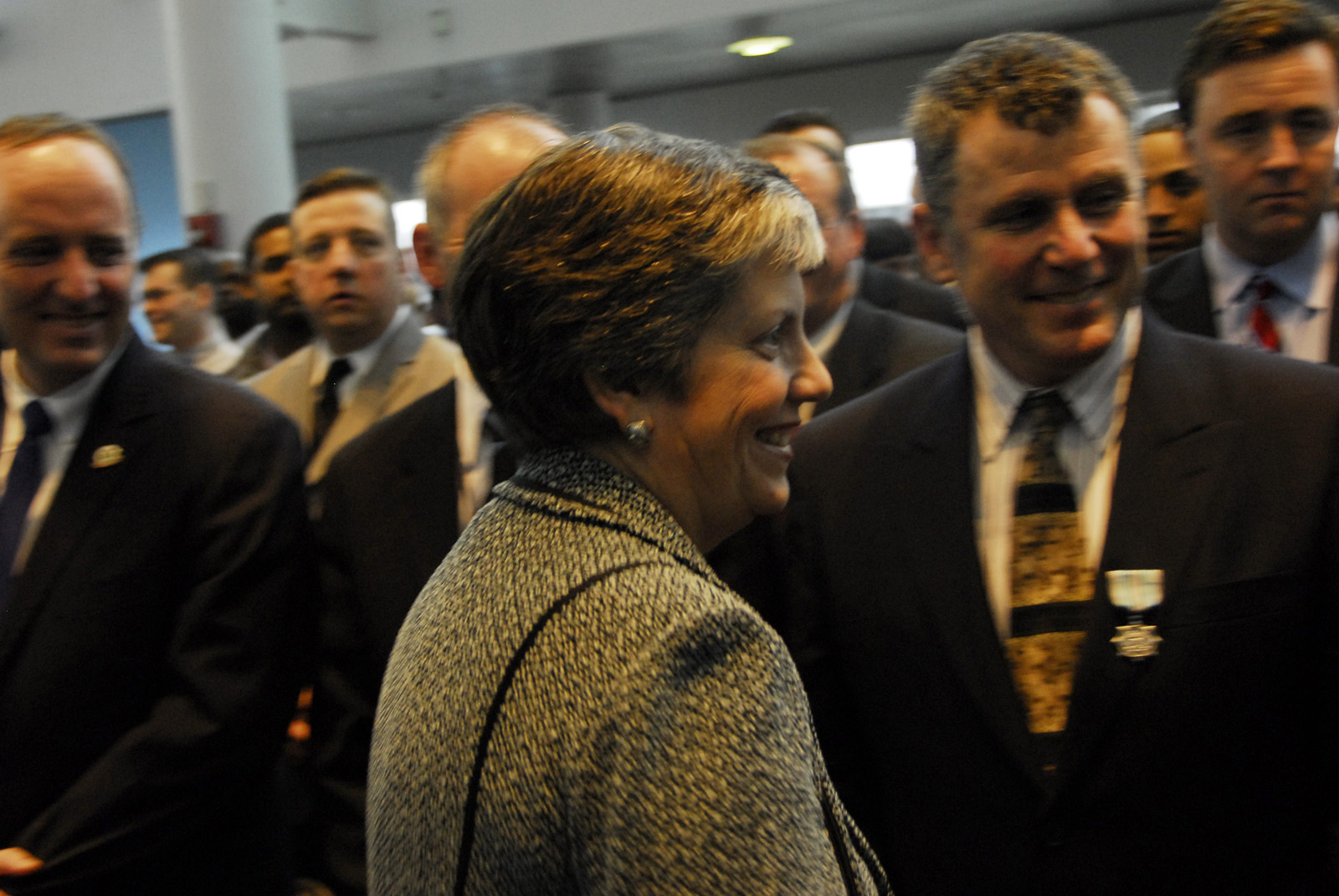 Secretary Napolitano congratulates recipients of Coast Guard public service awards at a ceremony honoring first responders during the US Airways Flight 1549 crash in the Hudson River. U.S. Coast Guard photo-Johnson