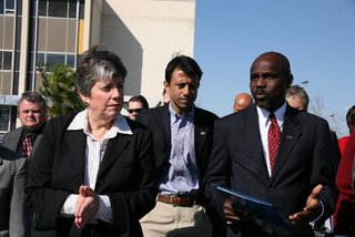 Janet Napolitano, Secretary of the Department of Homeland Security (from left), talks with Gov. Bobby Jindal, from the State of Louisiana, and Victor Ukpolo, vice-chancellor from Southern University in New Orleans. Photo USCG