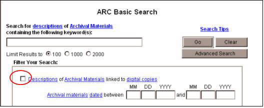 ARC basic search screen with digital copies filter highlighted