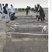 Afghan villagers mark new burial site of victims who were allegedly killed during the coalition airstrikes in Bala Baluk district of Farah province, Afghanistan, 05 May 2009