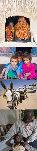 Top: Mother and daughter; Middle: Refugee children; Middle: Donkies carring supplies; Bottom: Health worker with boy. [State Dept. Photos]