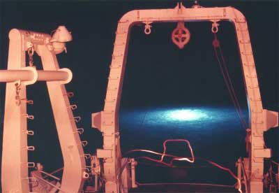 Subsurface sparker discharge at night. System was towed from the R/V Lynch.