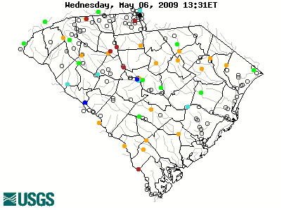 Current streamflow conditions in South Carolina; click to go to a live map.