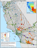 Thumbnail image of 1%-slope NREL map of concentrating solar power prospects in California, with index highlighting direct-normal solar radiation, transmission lines, and power plants.