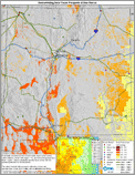 Thumbnail image of 1%-slope NREL map of concentrating solar power prospects in New Mexico, with index highlighting direct-normal solar radiation, transmission lines, and power plants.