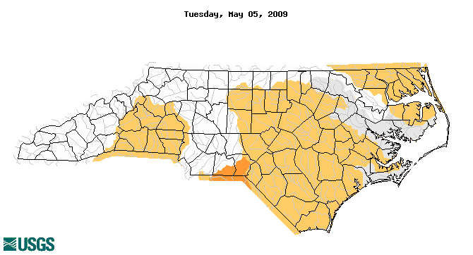 Map of below normal 7-day average streamflow compared to historical streamflow for the day of year.