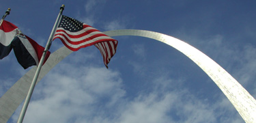 Flags flying beneath the Gateway Arch.