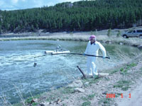 USGS scientist using a long sampling device to collect a sample of liquid from a municipal wastewater holding pond in Colorado as part of the Source Characterization Study for Emerging Contaminants Project. The sample was analyzed for pharmaceuticals and other wastewater compounds.