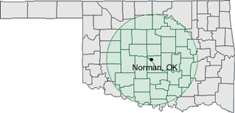 150km radius around Norman, OK