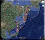 Example of movements of Northern Pintail Ducks in Google Earth