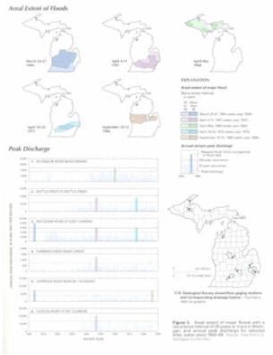 Click the image to go to an larger version. Areal extent of major floods with a recurrence interval of 25 years of more in Michigan and annual peak discharge for selected sites, water years 1903-88.