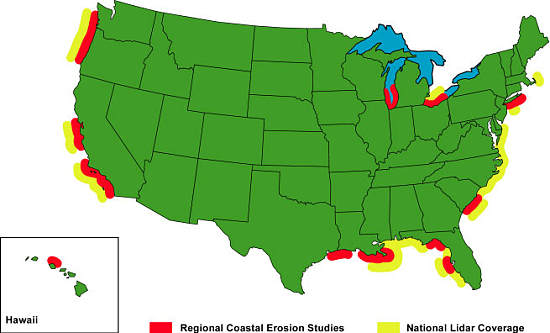 map of the conterminous U.S. and Hawaii showing 
areas of Lidar ampping cverage and regional coastal erosion studies