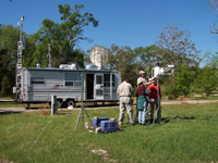 USGS scientists setting up mercury-aerosol sampling equipment in front of the USGS Mobile Atmospheric Mercury Laboratory at the Weeks Bay Estuarine Research Reserve, Mobile, Alabama