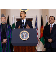 (from left) Afghan President Karzei, President Obama, Pakistan President Zardari at White House, 6 Apr 2009