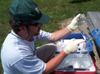  [Photo: USGS scientist collects rain sample to test for mercury.] 