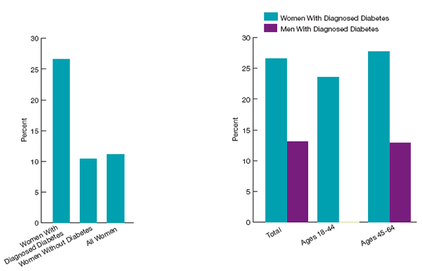 Bar charts show percentage of women ages 18-64 with public insurance (no private insurance) during the year. By diagnosed diabetes status: Women with diagnosed diabetes, 27%; women without diabetes, 10%; all women, 11%. By gender: Women with diagnosed diabetes: Total, 27%; Ages 18-44, 24%; Ages 45-64, 28%. Men with diagnosed diabetes: Total, 13%; Ages 18-44, not given; Ages 45-64, 13%.