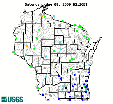 Current streamflow conditions in Wisconsin- click to see a live map.