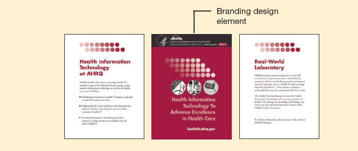 This example shows the front cover and two pages of a sample AHRQ Health Information Technology (Health IT) publication; the branding design element at the top of the front cover is pointed out. The branding design element features HHS logo to the left of AHRQ's logo, and the words 'Health IT' in a red box to the right.