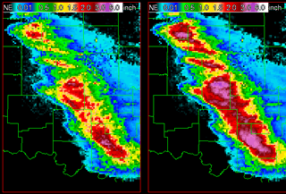 Dual Pol WSR-88D 1-hr rainfall estimate (left) vs. legacy @SR-88D estimate (right)