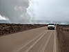 A small explosion took place from the new vent at about 4 a.m. on April 16. Geologists' truck leaves tracks in the pale-red rock dust that coated Crater Rim Drive near the Halema`uma`u parking lot.