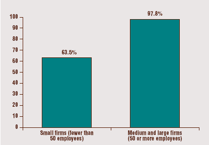 Bar chart: Small firms (fewer than 50 employees): 63.5%; Medium and large firms (50 or more employees): 97.8%