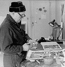 Bearden working in his studio, early 1980s