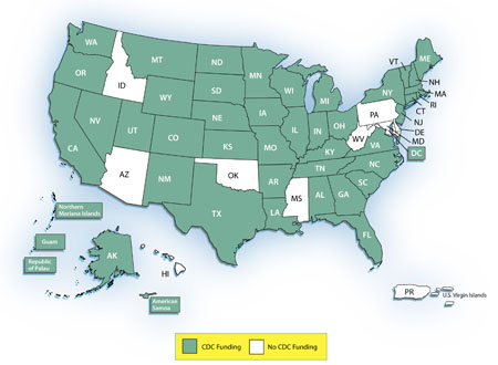 Map of United States with 46  states in green that are CDC funding