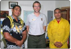 Firefighters Tulimanu Tulimanu, Jr., Mike Reynolds, superintendent of the National Park of American Samoa and Kitiona Osotonu pictured yesterday at the National Park Visitor’s Center at the Pago Plaza. Tulimanu and Osotonu will be departing the island soon to join up with two different “Hot Shots” for the dry season