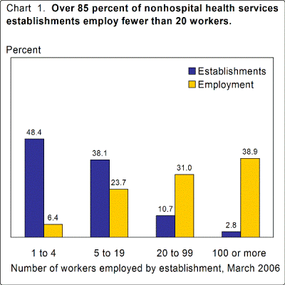 Over 85 percent of nonhospital health services establishments employ fewer than 20 workers.