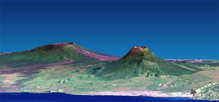 Computer image of Nyiragongo volcano generated from satellite photographs, showing the Goma-Gisenyi conurbation on the lake shore in the foreground. In the background, left, is the Nyamuragira volcano.  Public domain Source: http://photojournal.jpl.nasa.gov/catalog/PIA03337 