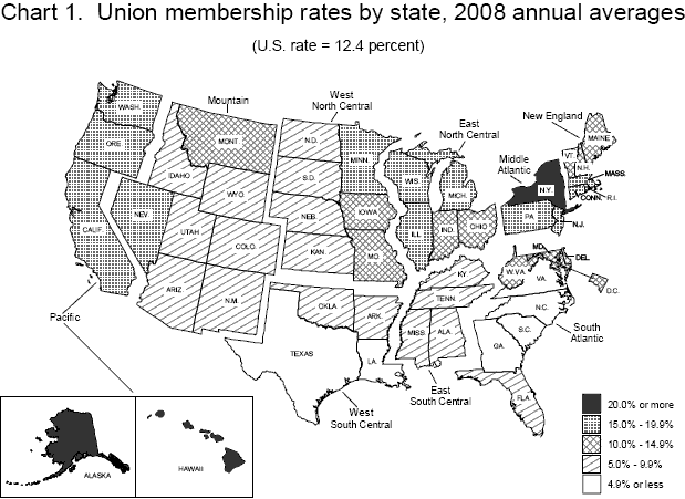 Chart 1. Union membership rates by state, 2008 annual averages.