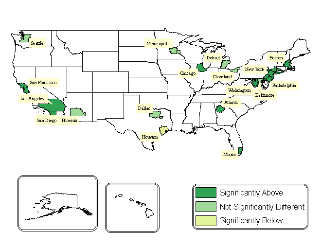 Chart 1.  Expenditure shares spent on housing in all 18 metropolitan statistical areas compared to the U.S. average, Consumer Expenditure Survey, 2006-2007