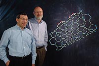 Peter Zapol (left) and Larry Curtiss with a model of the zipper nanotube.