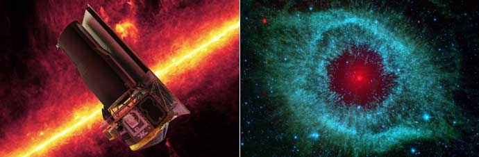 on the left, artist concept of Spitzer Space Telescope, on the right, Helix Nebula