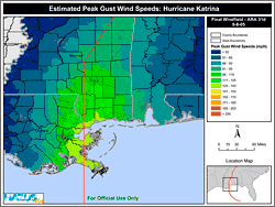Graphic of Peak Gust Winds from Katrina