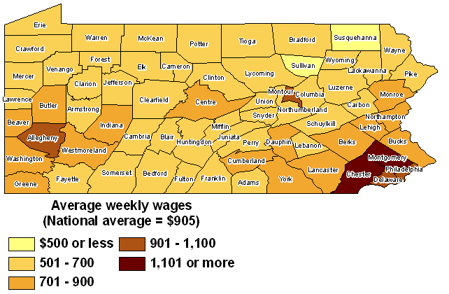 Map of average weekly wages by county in Pennsylvania, first quarter 2008