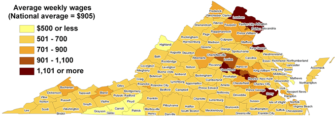 Map of average weekly wages by county in Virginia, first quarter 2008
