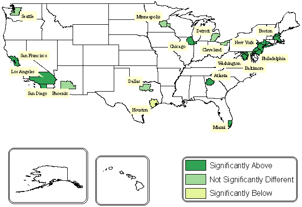 Map of expenditure shares spent on housing in all 18 metropolitan statistical areas compared to the U.S. average, Consumer Expenditure Survey, 2006-2007