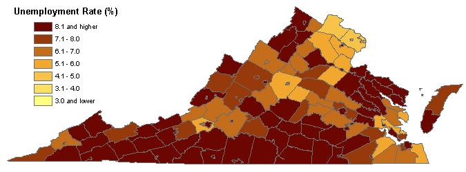 Unemployment rates in Virginia by county, March 2009