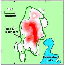 Map of carbon dioxide contration in soil near Horseshoe Lake, California