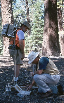 Scientists measuring carbon dioxide gas flux in soil, Mammoth Mountain, California