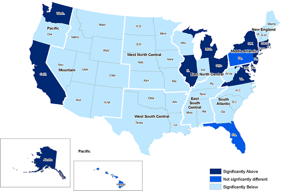 Chart 2.  Mean annual wages for secondary school teachers by state compared to the United States average, May 2007