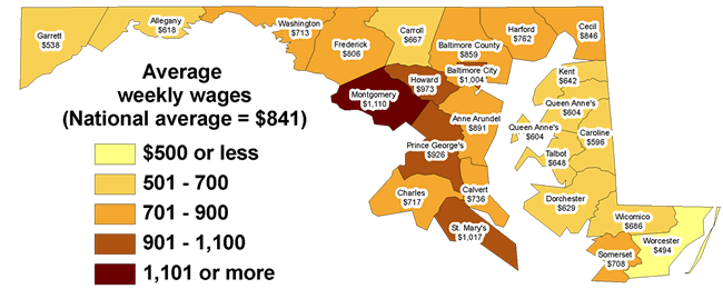 Chart 1. Average weekly wages by county in Maryland, second quarter 2008