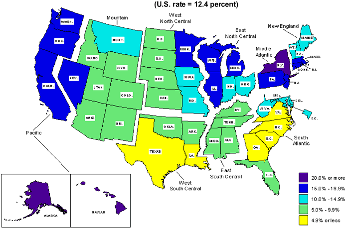 Union membership rates by state, 2008 annual averages